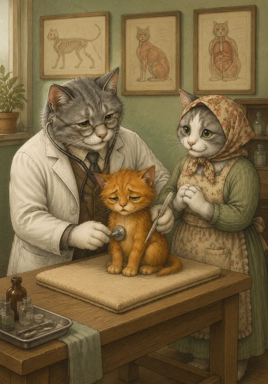 Inside the cozy clinic with sea-green walls and vintage cat anatomy posters, a wise old doctor cat with long whiskers and a white coat gently examines Purnsel on the wooden table. The kind doctor listens to the kitten's chest with a warm stethoscope and checks his temperature, offering a reassuring smile to the worried mother.