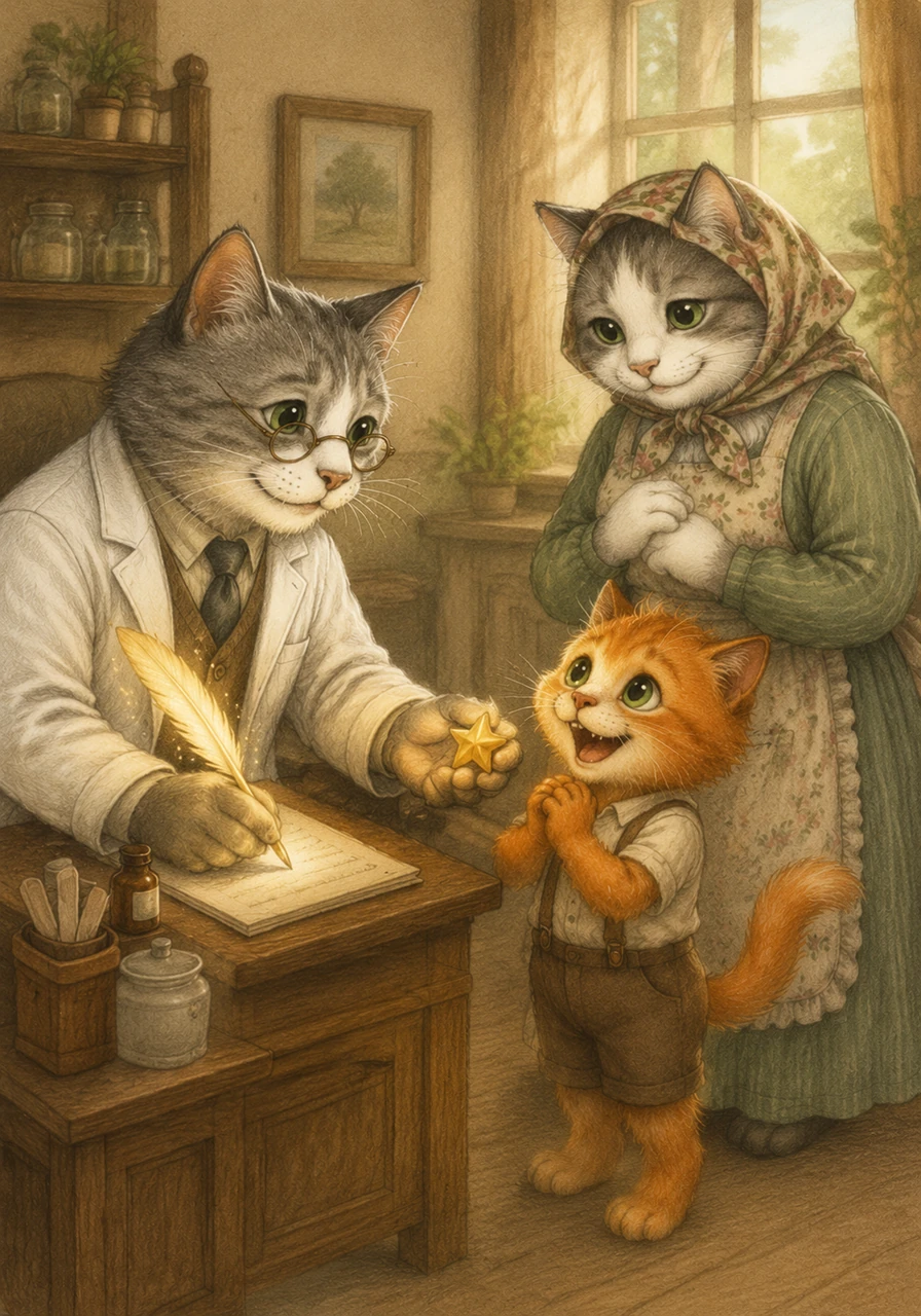 The doctor gently explains that it is just a simple cold, writing a prescription with a glowing quill pen before handing Purnsel a shiny star sticker for his bravery. Purnsel smiles wide, his worries melting away when he learns his medicine tastes sweet like honey.