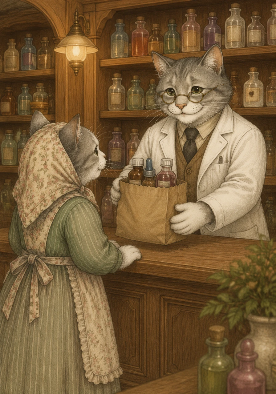 Mother Cat visits the local pharmacy, a charming shop filled with wooden shelves lined with colorful glass bottles, where a pharmacist cat in a white lab coat carefully packs the syrups and drops into a brown paper bag. He hands over the medicine with a warm smile, wishing the sweet kitten a very speedy recovery.