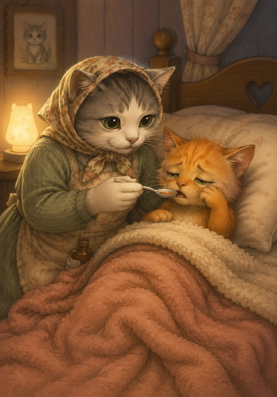 Back in their cozy bedroom under the soft glow of the nightlight, Mother Cat gently gives Purnsel his sweet, apple-flavored medicine from a tiny spoon. The little kitten swallows it bravely, wipes his watery eyes, and snuggles deep into his warm blankets for a restful night.