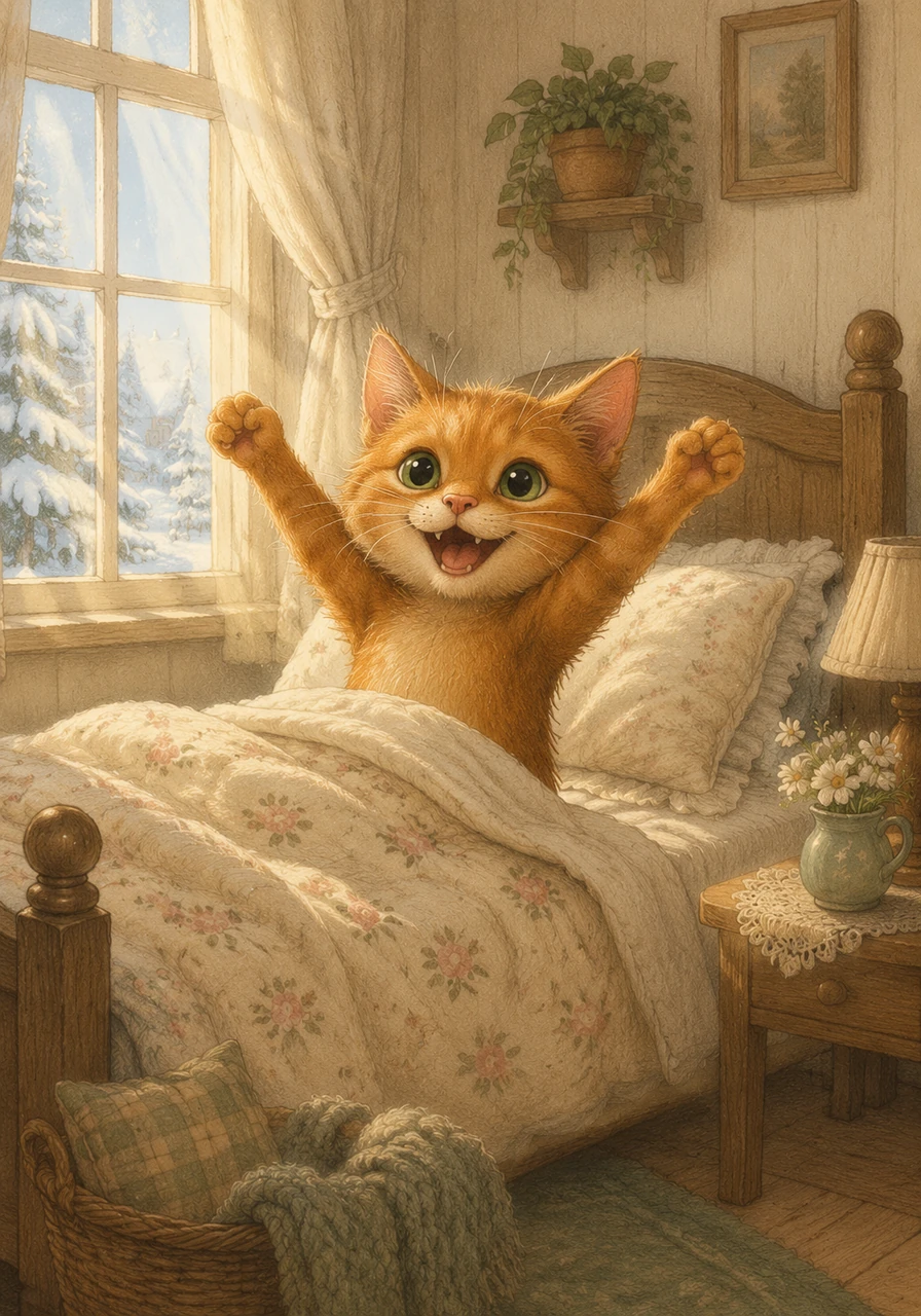 As time passes, the hands of the wall clock spin, the winter storm outside the window slowly stops, and bright morning sunshine begins to stream into the cozy bedroom. Purnsel sits up in bed with his ears perked up and his eyes sparkling with brand new energy, completely healed.