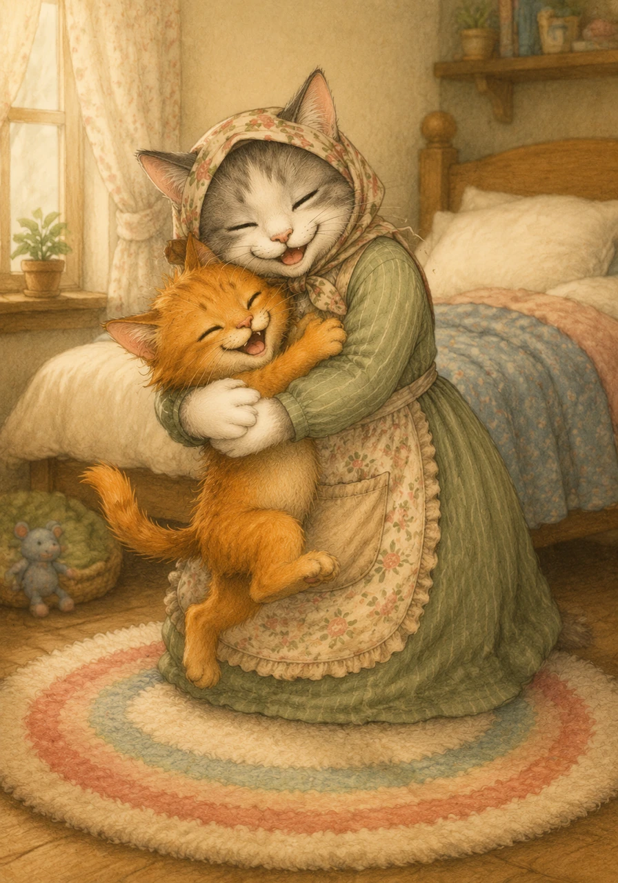 Purnsel leaps joyfully out of bed and does a happy spin on the soft rug just as his mother walks into the room with a beaming smile. She laughs happily and pulls her energetic little kitten into a big, warm hug, celebrating that his cough is finally gone.