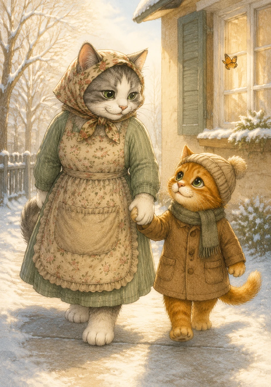 Hand in hand, Mother Cat and Purnsel step outside into the beautiful winter sunshine, ready for a fun afternoon walk to the park. A lone winter butterfly flutters past the window, leaving behind a heartwarming reminder that a mother's love and proper care are the best medicine in the world.