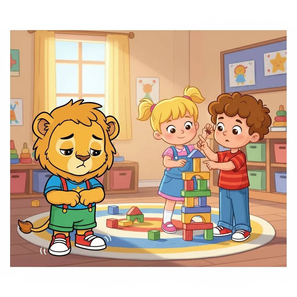 Suddenly, Lily and Tom were building a tall tower. They needed more blocks! Leo really wanted to play with them, but he didn't know what to do. He wiggled his toes and looked at his shoes.