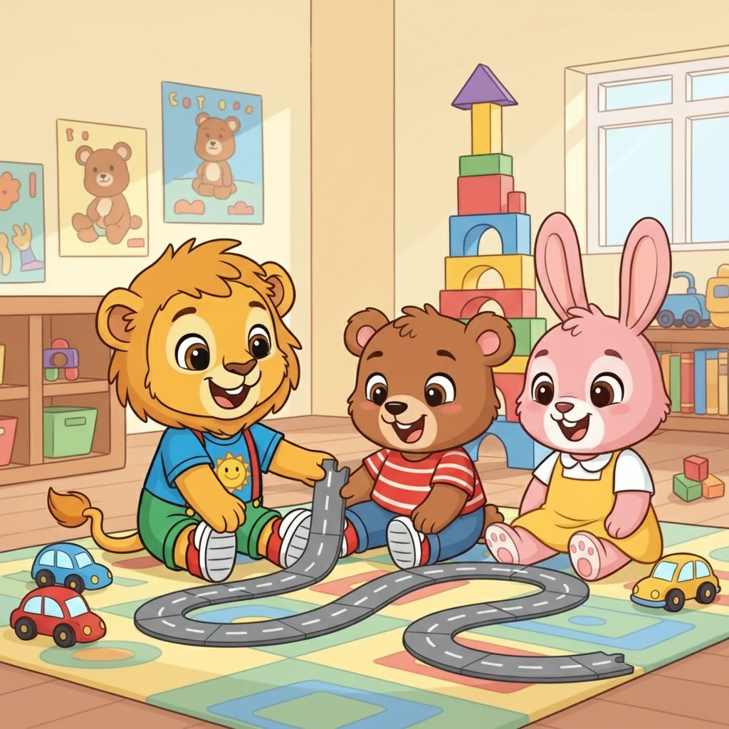 Together, the three children built an amazing tower, laughing and sharing blocks. Next, they decided to build a road for their toy cars. Leo realized that playing together was much more fun than playing alone.