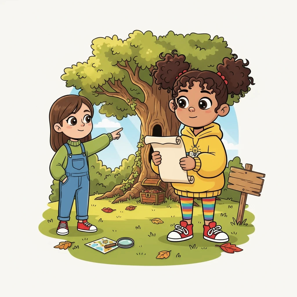 One weekend, Lily and Mia went on a treasure hunt, using clues written in English. They worked together, deciphering the clues and navigating the park. The excitement of the hunt made the English words less intimidating.
