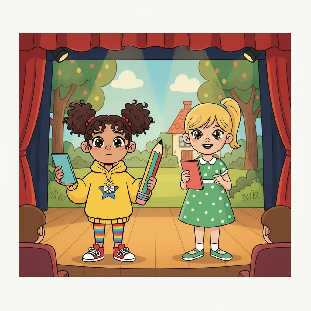 Lily and Mia participated in a school play, speaking in English. Though nervous at first, the shared experience and support from her friend filled her with courage. They delivered their lines with pride.