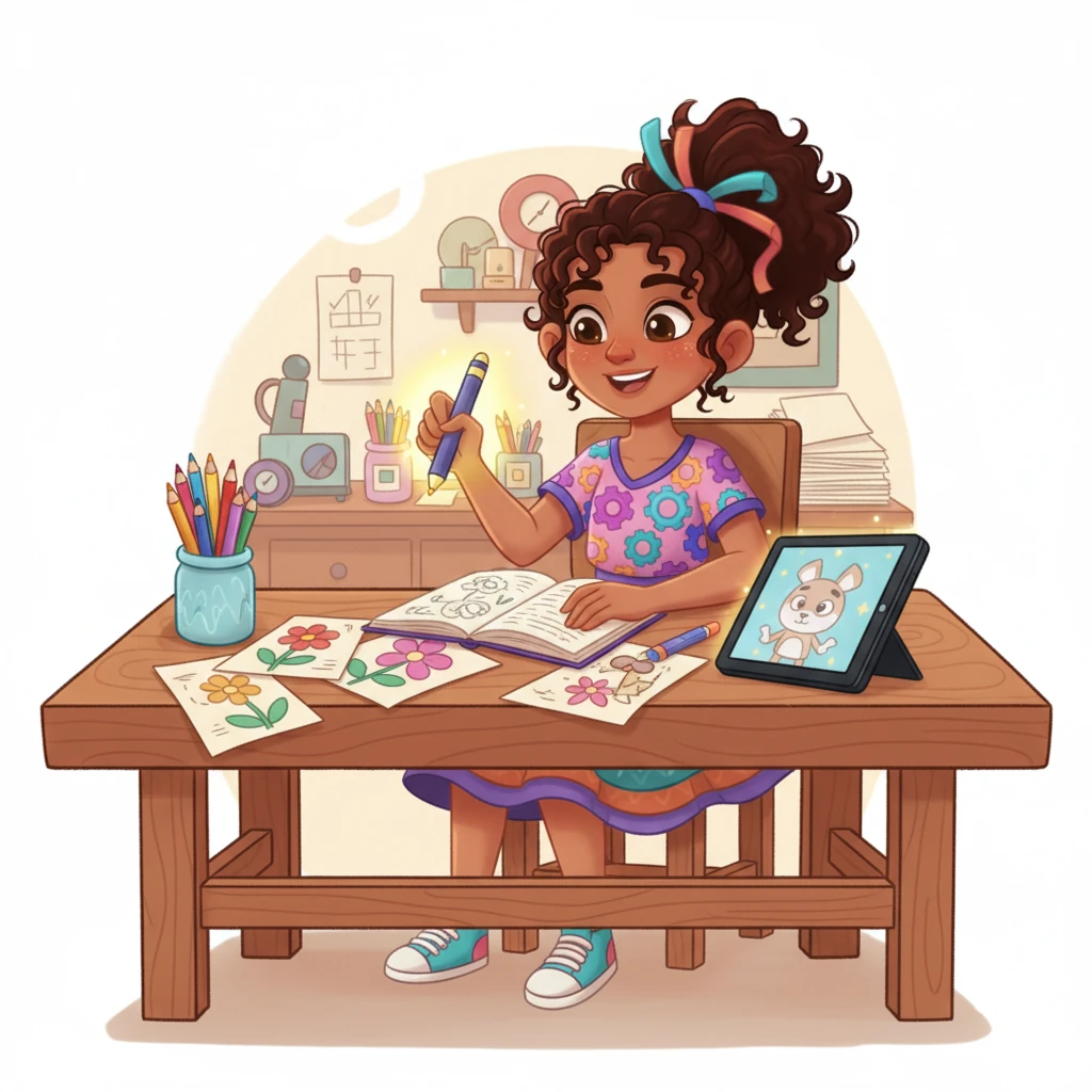 Clara, con una sonrisa radiante, se encuentra en su taller acogedor, rodeada de lápices de colores y papeles. Sueña con una forma de hacer que los niños pequeños disfruten aprendiendo cosas nuevas. En su mesa hay bocetos de flores y animales.