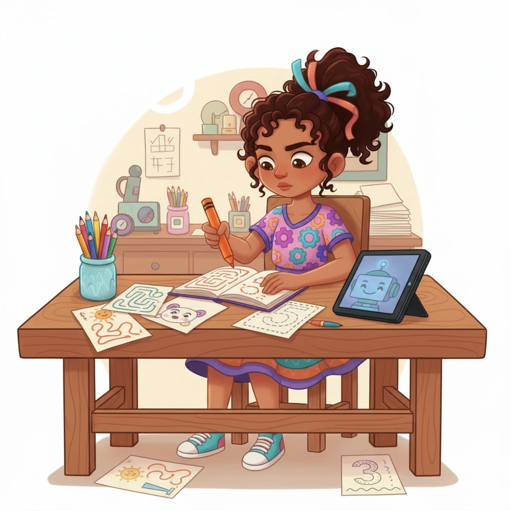 Con gran concentración, Clara dibuja en un cuaderno ideas para fichas llenas de color. Hay laberintos sencillos, dibujos para colorear y números grandes para repasar. Imagina a los niños riendo mientras aprenden a trazar.