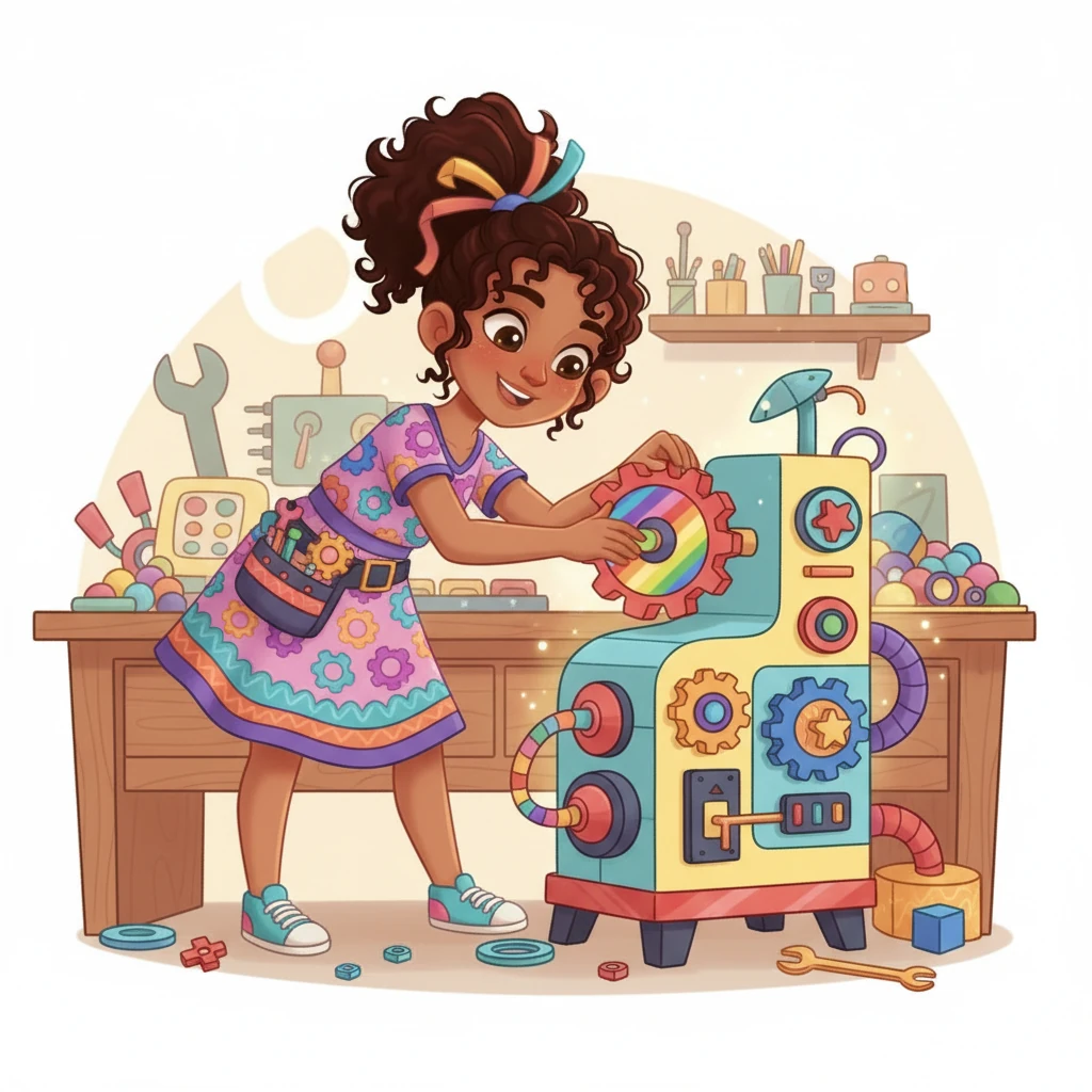 Con herramientas brillantes, Clara ensambla su máquina especial, la "Máquina de Fichas Felices". Le añade engranajes de arcoíris y botones con forma de estrella. Es una máquina única, diseñada para la diversión y el aprendizaje.