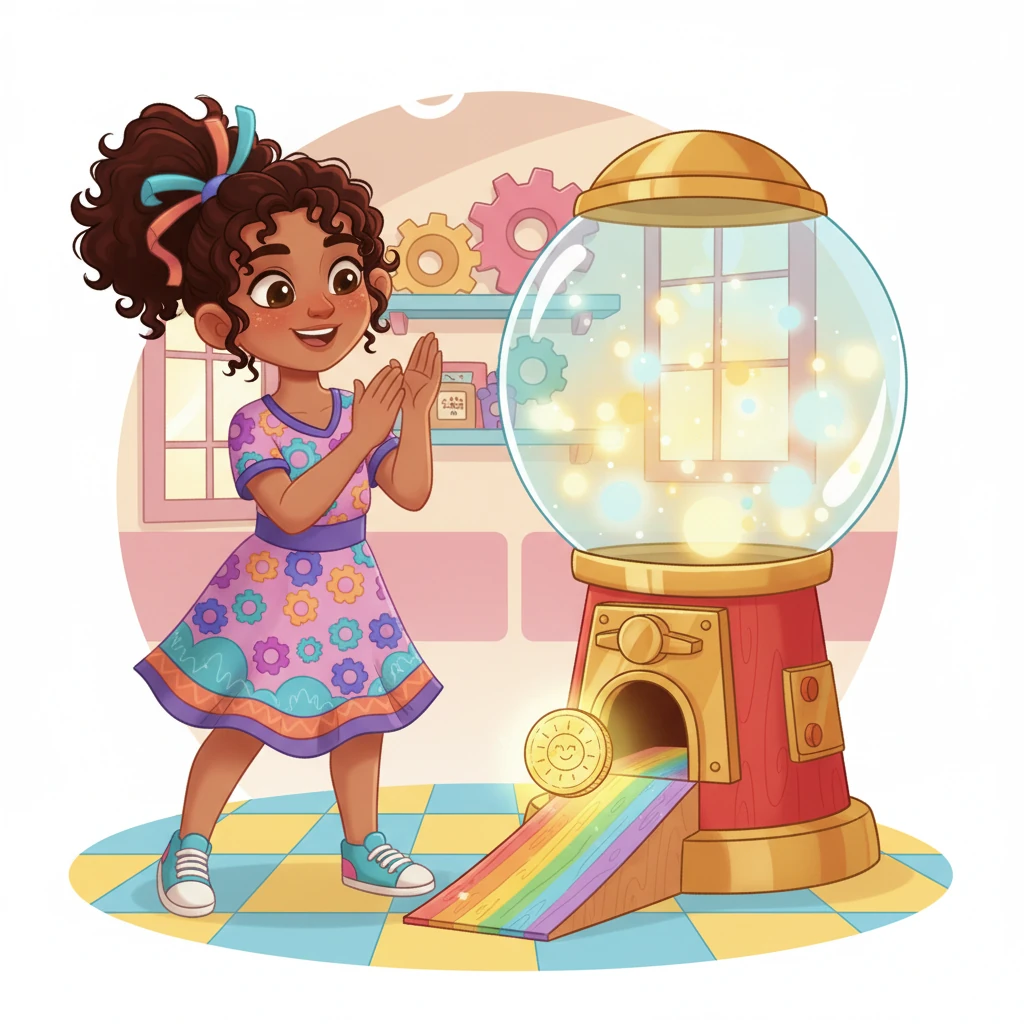 La Máquina de Fichas Felices cobra vida con un suave zumbido y luces danzantes. De su boca sale la primera ficha, un dibujo de un sol sonriente con líneas punteadas para seguir. Clara aplaude con alegría.