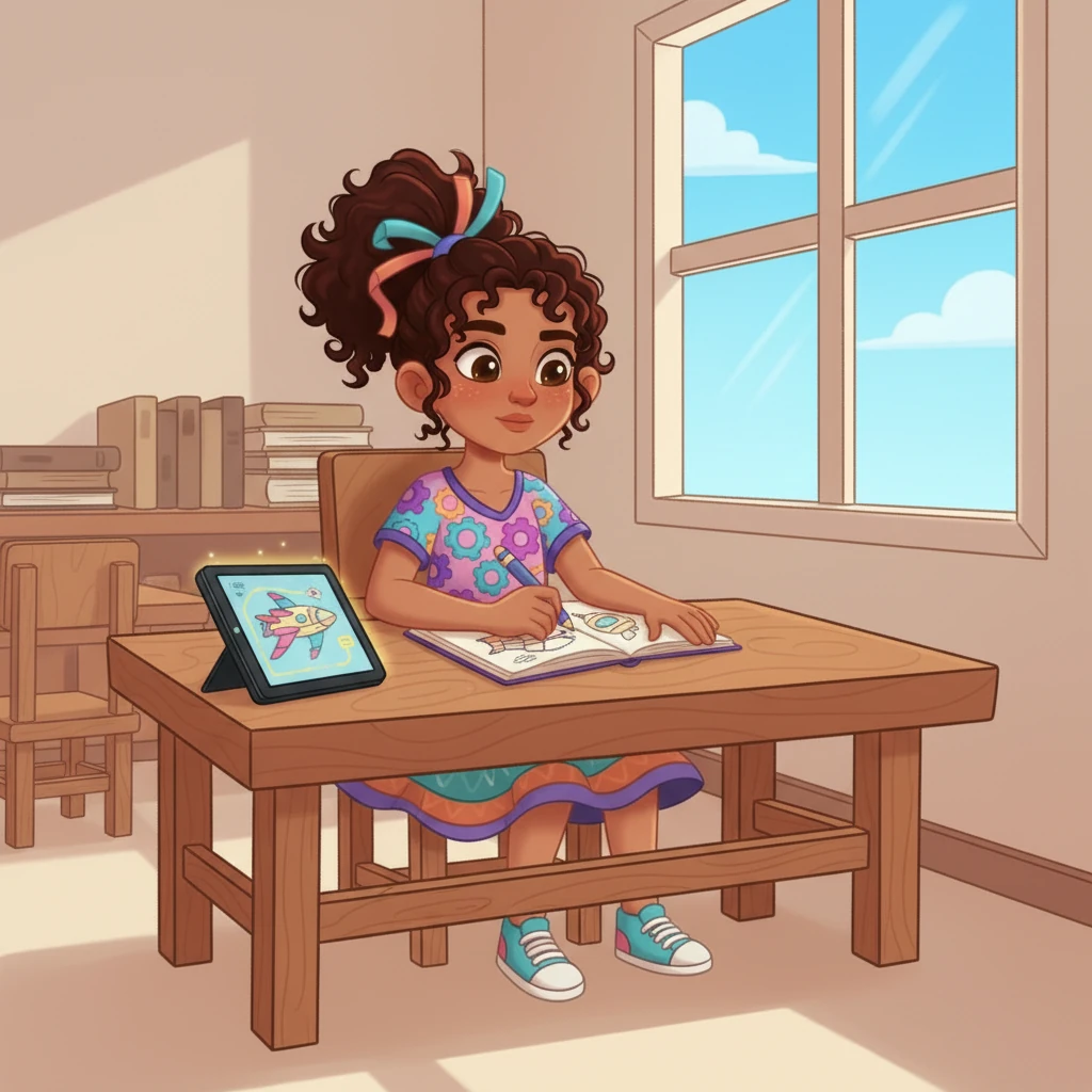 En una escuela cercana, un grupo de niños de preescolar se siente un poco aburrido con sus libros de texto. Miran por la ventana, deseando algo nuevo y emocionante para hacer. Sus caritas muestran un poco de desánimo.