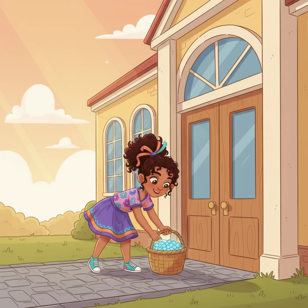 Clara, con una cesta llena de sus mágicas fichas, se acerca sigilosamente a la escuela. Deja la cesta cuidadosamente junto a la puerta principal, esperando que alguien la encuentre. Sus ojos brillan con anticipación.