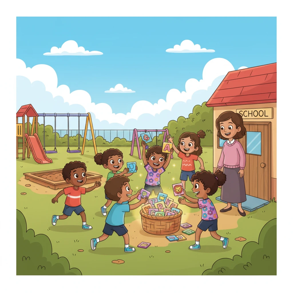 Al salir al recreo, los niños descubren la misteriosa cesta. Sus ojos se abren de asombro al ver las fichas coloridas con dibujos de animales y letras. Corren a contárselo a su maestra.