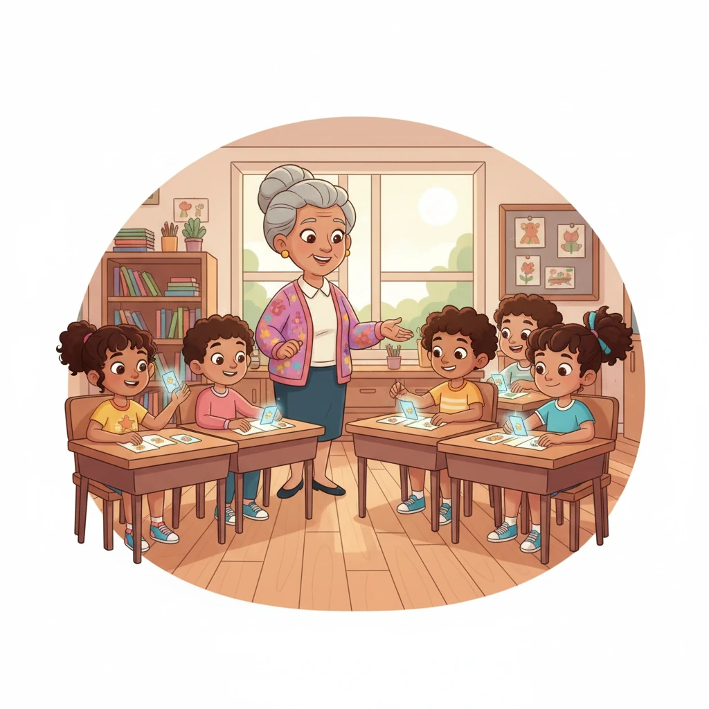 La maestra observa a sus alumnos con una gran sonrisa. Nunca los había visto tan absortos y felices mientras aprendían. Las fichas de Clara han transformado el aburrimiento en pura diversión educativa.