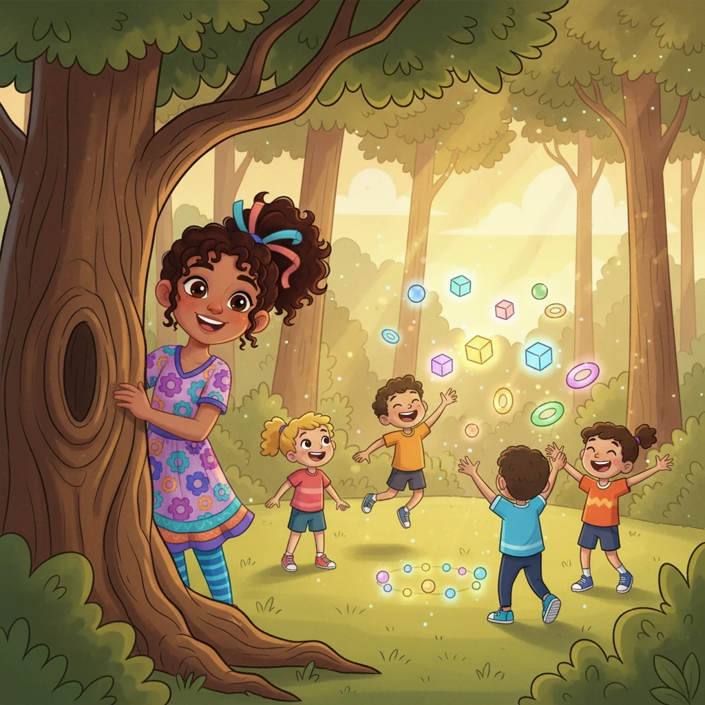 Clara, escondida detrás de un árbol, sonríe al ver la alegría de los niños. Su corazón se llena de calidez al saber que sus creaciones han hecho una gran diferencia. El aprendizaje es ahora una aventura emocionante para todos.