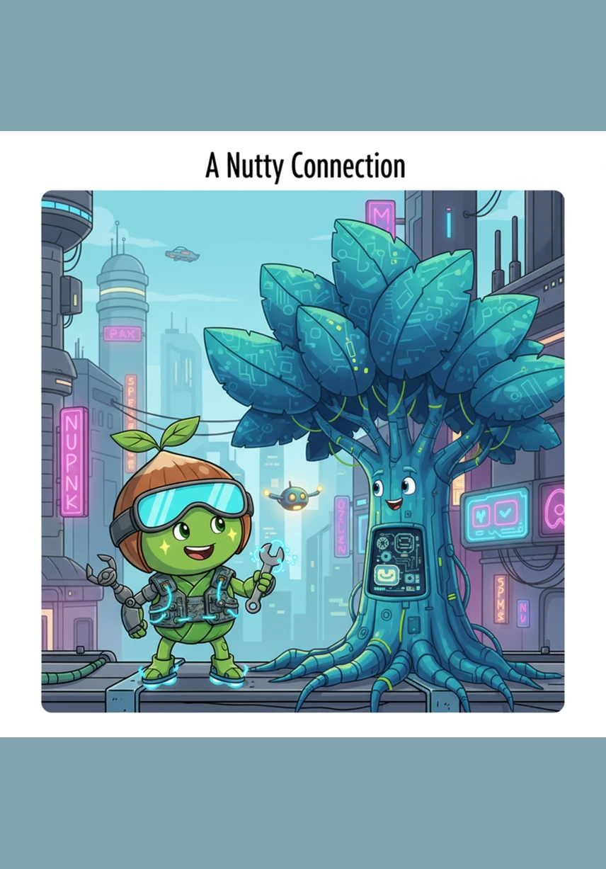 Hazelnut, a cheerful little seed with a friendly face, nestled deep within the rich, dark soil of a sun-drenched garden. Above her, vibrant flowers bloomed, and the world felt vast and full of wonder as she waited for her journey to begin.