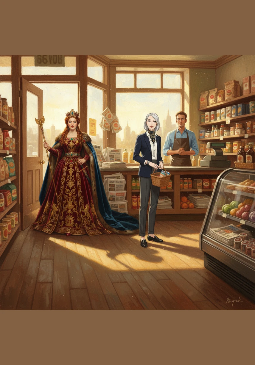 Anagrace walked into the sun-drenched corner grocery store, her oversized patchwork coat billowing behind her. The air was filled with the sweet scent of ripe peaches and the earthy aroma of fresh herbs.