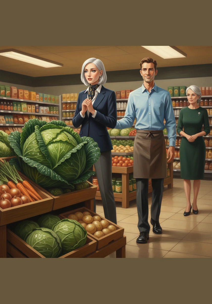 Her eyes landed on a magnificent head of cabbage, its leaves a deep, vibrant green and glistening with morning dew. It was the finest vegetable she had ever seen, and she felt an irresistible urge to take it home.