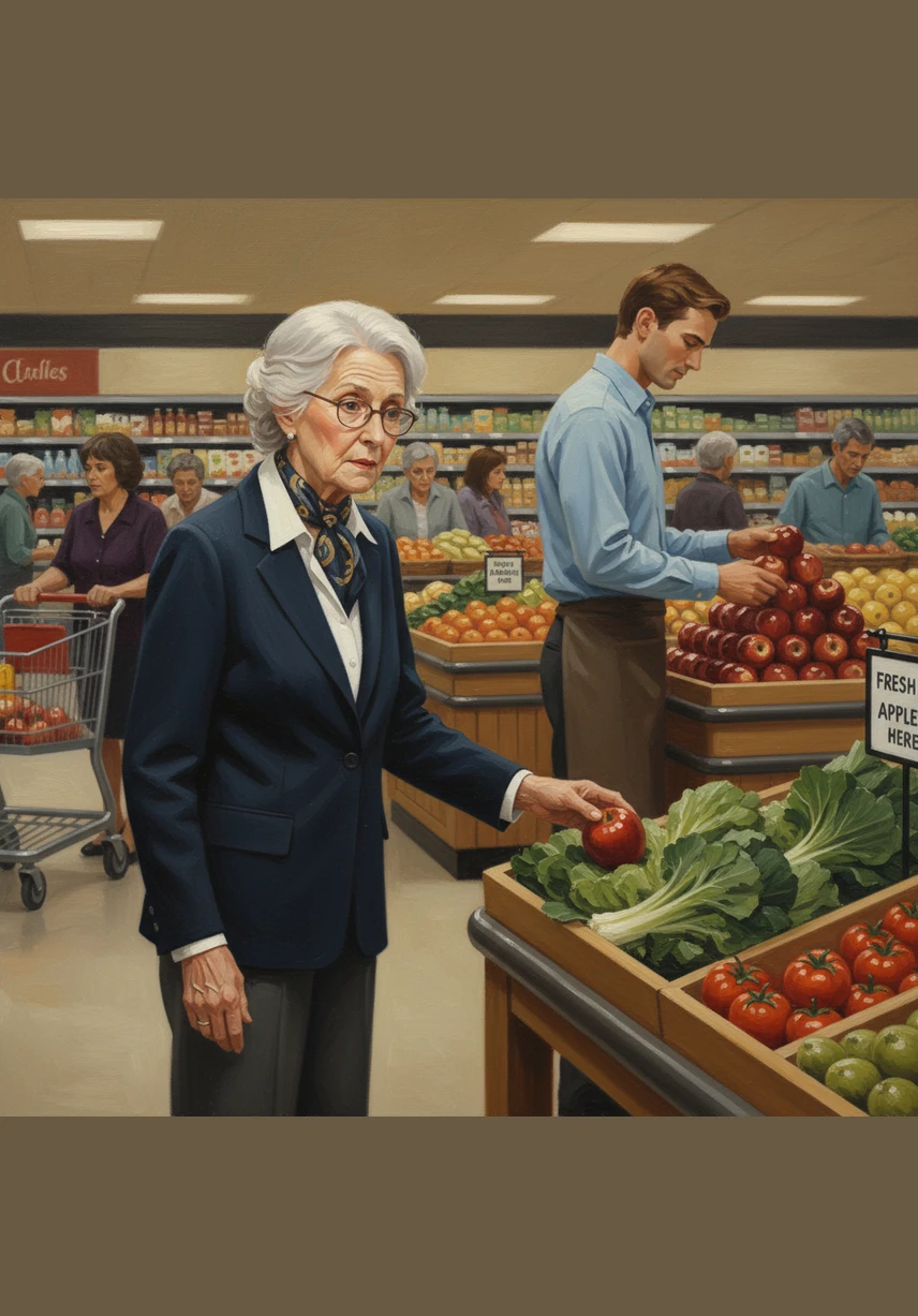 She adjusted her spectacles and glanced over her shoulder, watching the store clerk stack apples in the distance. The store was busy, but she felt a sudden, nervous flutter in her chest as she moved closer to the produce bin.