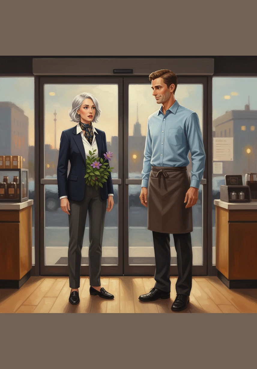 Just as she reached the sliding glass doors, a tall clerk with keen eyes stepped into her path. He offered a polite but firm smile, noticing the strange, leafy bulge protruding from her midsection.