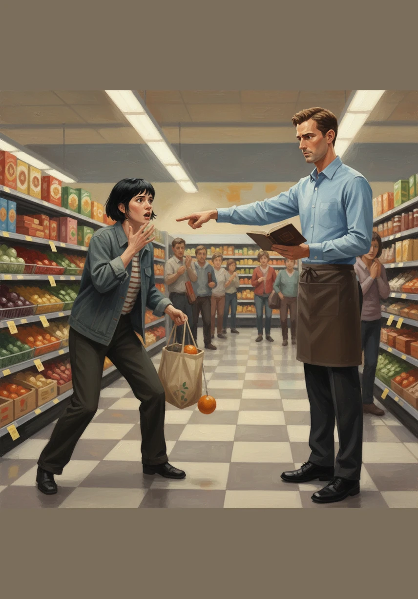 The surrounding shoppers paused, their whispers filling the air as Anagrace stared down at the rolling vegetable. She felt a wave of regret wash over her, realizing that her plan had been foolish and wrong.