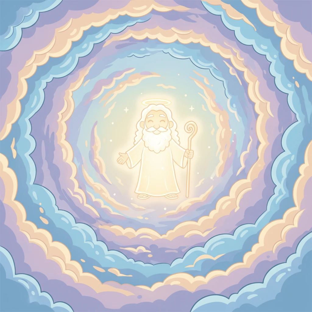 A boundless expanse of soft, swirling colors, like a cosmic cloud of pure light and peace, stretches across the scene. In the very center, a gentle, radiant glow represents God, existing before anything else. There are no clocks or calendars, only serene, endless calm.