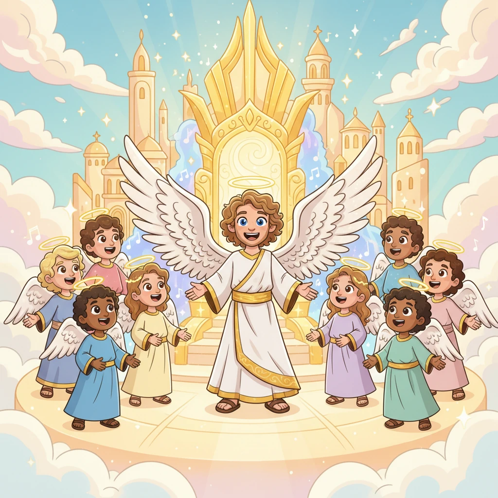 High above, in a magnificent, golden celestial city, stands Lucifer. He is a stunning angel with grand, shimmering wings and a joyful smile, leading a choir of other happy angels in song around a magnificent, glowing throne. He radiates light and beauty, truly the 'shining one.'