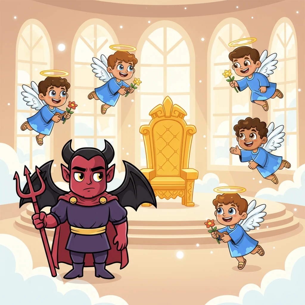 Lucifer is still beautiful, but a tiny, almost invisible flicker of a shadow crosses his expressive face as a thought begins to form in his mind. He glances subtly at the empty, grand throne, a hint of ambition appearing in his eyes, unnoticed by the other joyous angels.