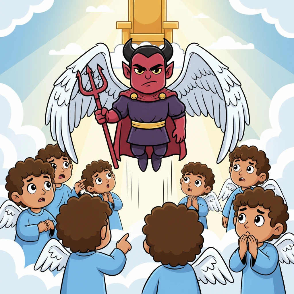Lucifer, with a determined, slightly arrogant expression, begins to float upward, his gaze fixed on the throne, his beautiful wings now seeming more forceful than graceful. The other angels look on with puzzled, worried faces as he tries to rise above his rightful place.