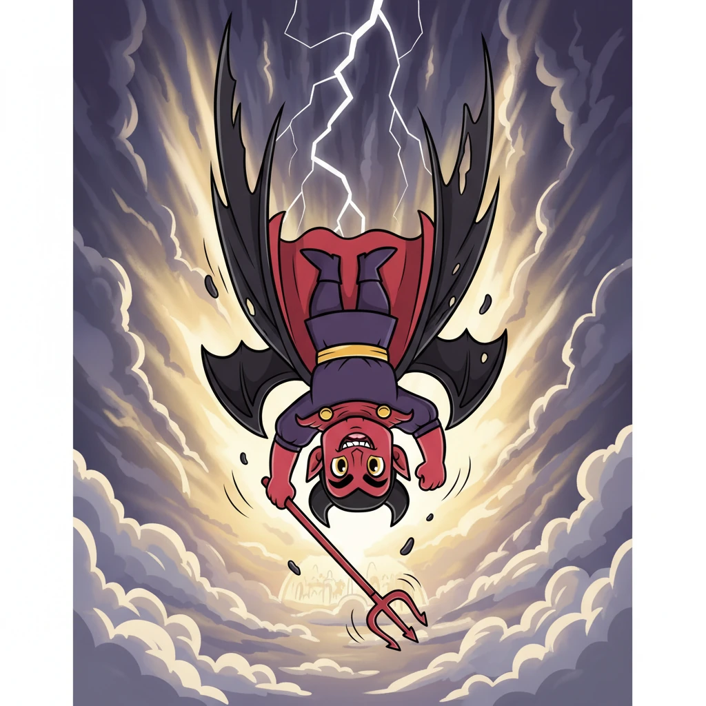 Suddenly, a dramatic burst of light and shadow fills the scene. Lucifer, no longer shining brightly, is depicted falling swiftly and dramatically from the heavens, like a streak of dark lightning. His once magnificent wings are now tattered and dark, his face a mask of anger and despair.