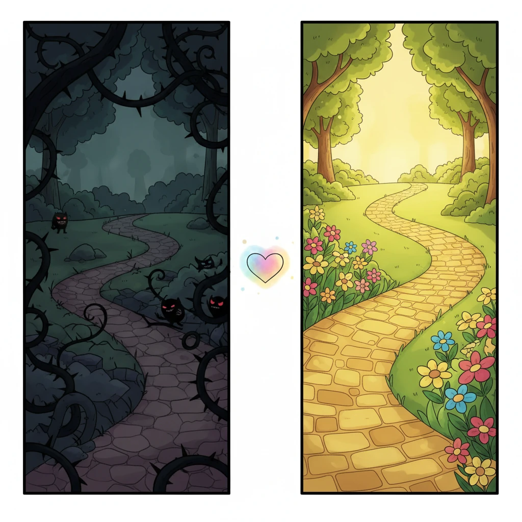 The scene shows a split path. On one side, a winding, dark, thorny path leads into shadows, with tiny, whispering temptations lurking. On the other, a bright, sun-dappled path, adorned with blooming flowers, leads towards a warm, inviting light. A small, simplified heart shape hovers at the crossroads, symbolizing choice.