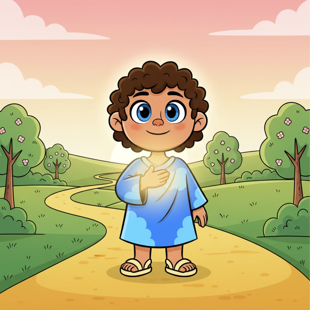 Elara, a cheerful child with wide, thoughtful eyes, gently places her hand over her chest, a soft, understanding smile on her face. Around her, a soft, warm glow emanates, symbolizing humility and the light of a guarded heart. She stands firmly on the bright path, looking towards a hopeful horizon.