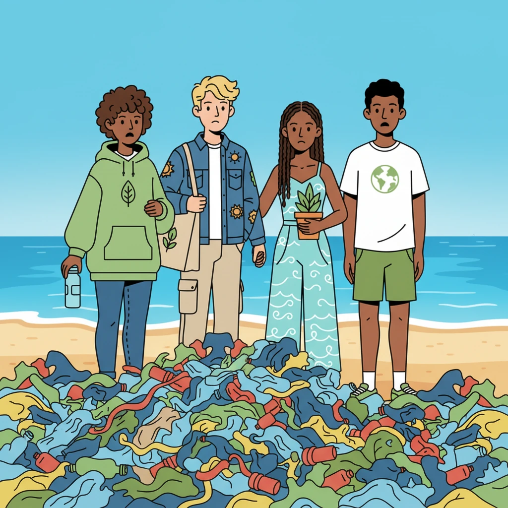 Quatre amis, Léo, Chloé, Sam et Maya, se promènent le long d'une côte ensoleillée. Leurs sourires s'estompent lorsqu'ils découvrent une plage magnifique, mais malheureusement envahie par une montagne de déchets plastiques multicolores et de bouteilles vides. Le spectacle est désolant, contrastant fortement avec la beauté naturelle de l'océan et du ciel.