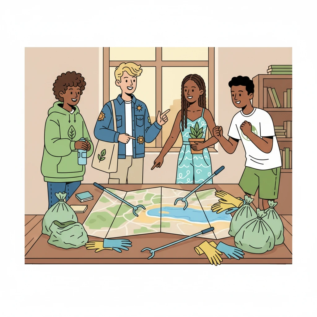 De retour chez eux, les adolescents se réunissent pour élaborer un plan d'action. Sur une table, des cartes de la plage sont étalées, entourées de sacs poubelles, de gants et de pinces de ramassage. Une énergie collective se dégage de leur discussion animée, chacun apportant ses idées pour organiser le nettoyage.