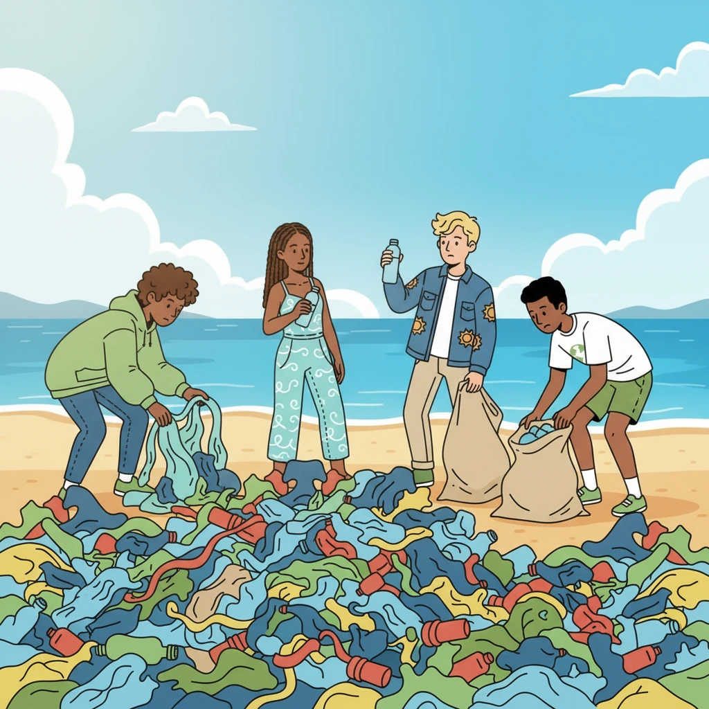 Le lendemain, équipés et motivés, les amis retournent à la plage. Ils commencent à ramasser méthodiquement les déchets, triant le plastique des autres débris. Le travail est ardu et l'étendue de la tâche semble immense, mais ils travaillent avec une détermination inébranlable, concentrés sur chaque bouteille et chaque morceau de plastique.
