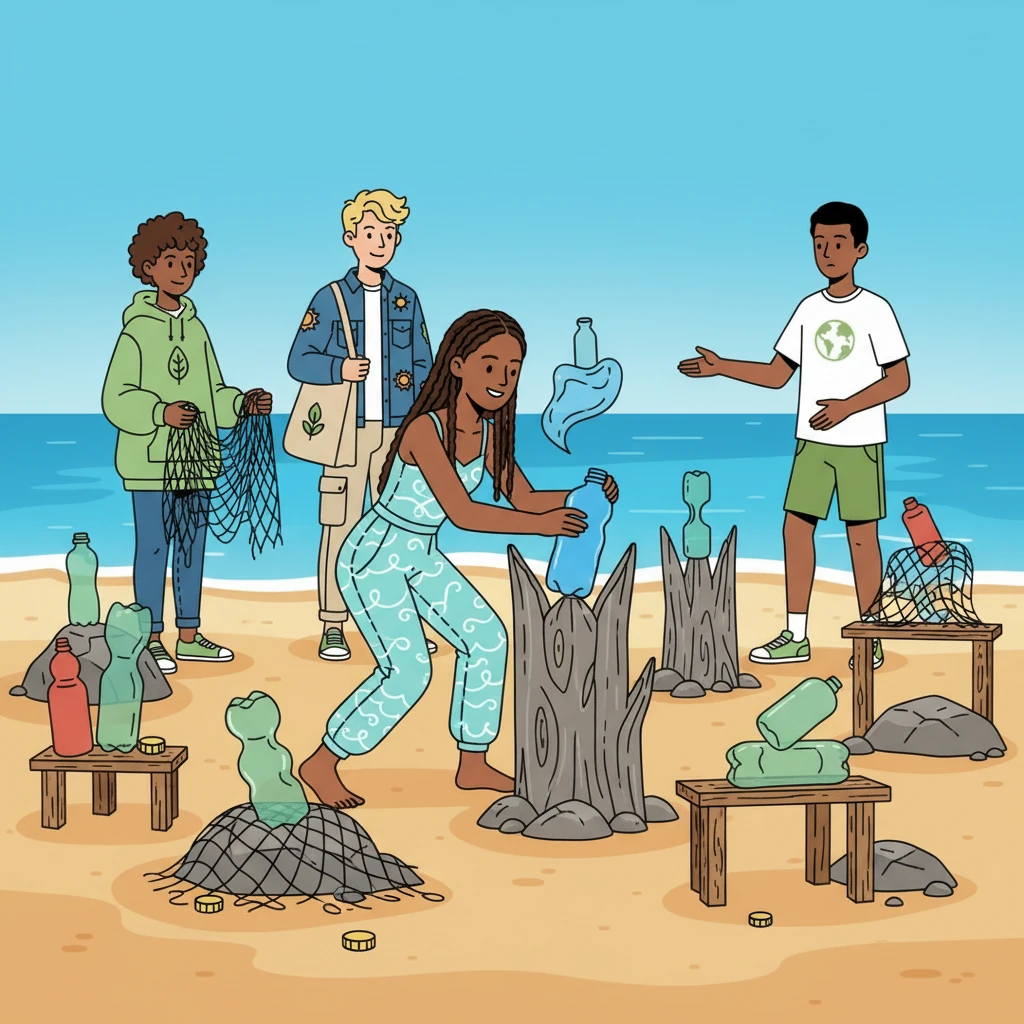 Pour marquer leur succès et sensibiliser davantage, les adolescents organisent une petite exposition temporaire avec les déchets qu'ils ont triés et nettoyés. Des bouteilles, des filets de pêche et d'autres objets en plastique sont disposés artistiquement, accompagnés de panneaux explicatifs sur l'impact de la pollution marine. Les visiteurs sont invités à réfléchir à leur propre consommation.