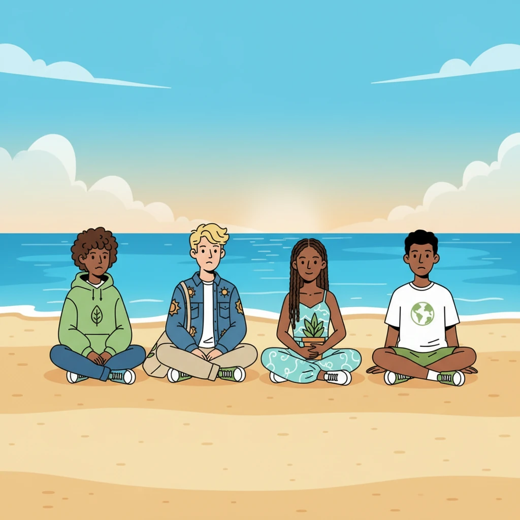 Quelques semaines plus tard, la plage est immaculée, le sable fin s'étendant à perte et les vagues claires caressant le rivage. Les quatre amis sont assis sur le sable propre, contemplant le fruit de leurs efforts. Un sentiment de fierté et de paix les submerge, témoins silencieux de la beauté retrouvée.