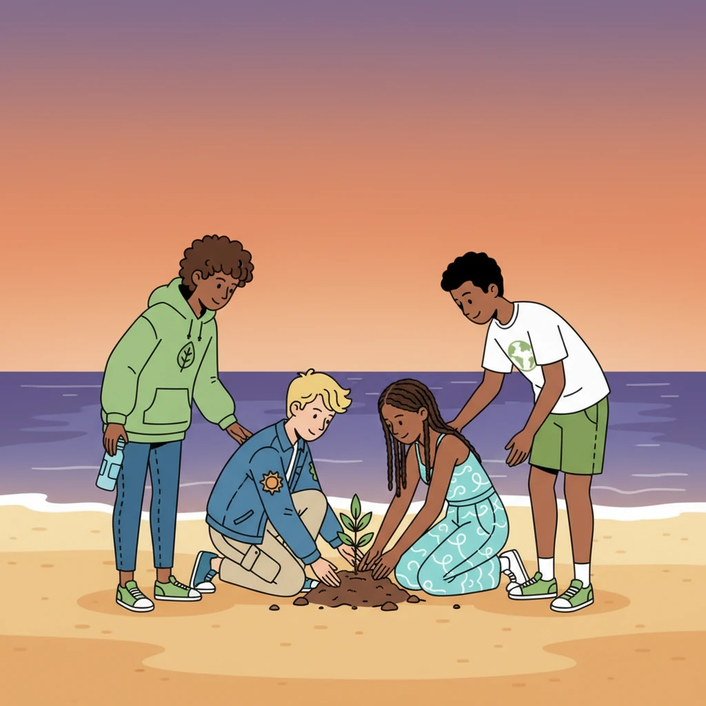 Le soleil se couche sur l'horizon, peignant le ciel de teintes orange et violettes. Les adolescents se tiennent côte à côte, le regard tourné vers l'océan infini. Leur action a semé une graine d'espoir, rappelant que la protection de notre planète est une responsabilité collective et un voyage continu vers un avenir plus vert.