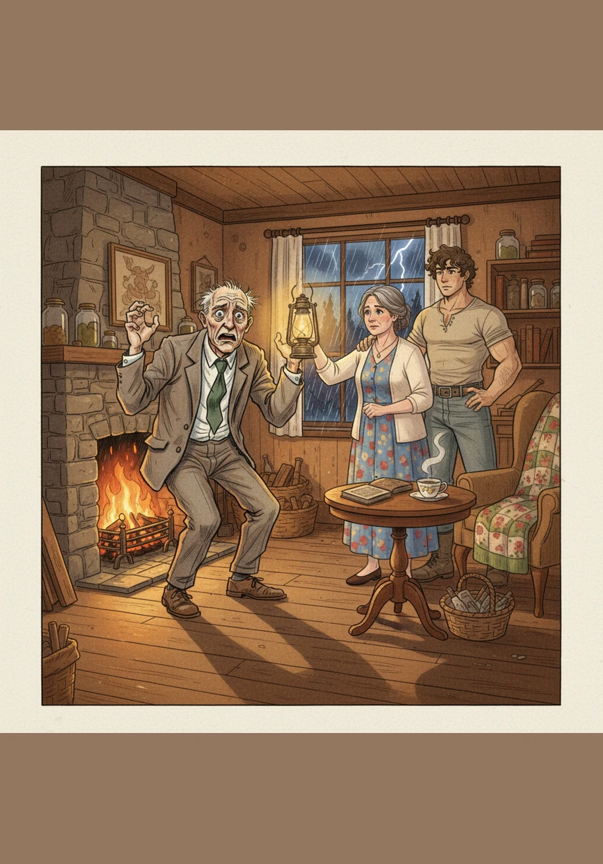 On a cold and stormy night, the White family sits comfortably inside their warm cottage. Mr. White and his son Herbert are engrossed in a game of chess while Mrs. White watches them fondly from her knitting chair by the fire.