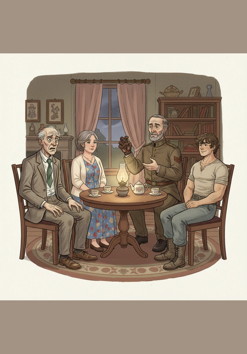 An old friend, Sergeant-Major Morris, arrives with stories of his travels in distant lands. He reveals a small, shriveled monkey's paw, claiming an old fakir placed a spell on it to show that fate rules people's lives.