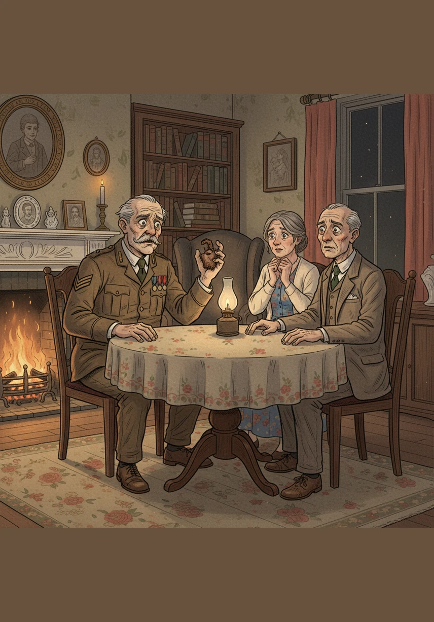 Morris warns the family of the paw’s dark power and tosses it into the crackling fireplace. Driven by a sudden curiosity, Mr. White quickly snatches the relic from the flames before it can be destroyed.