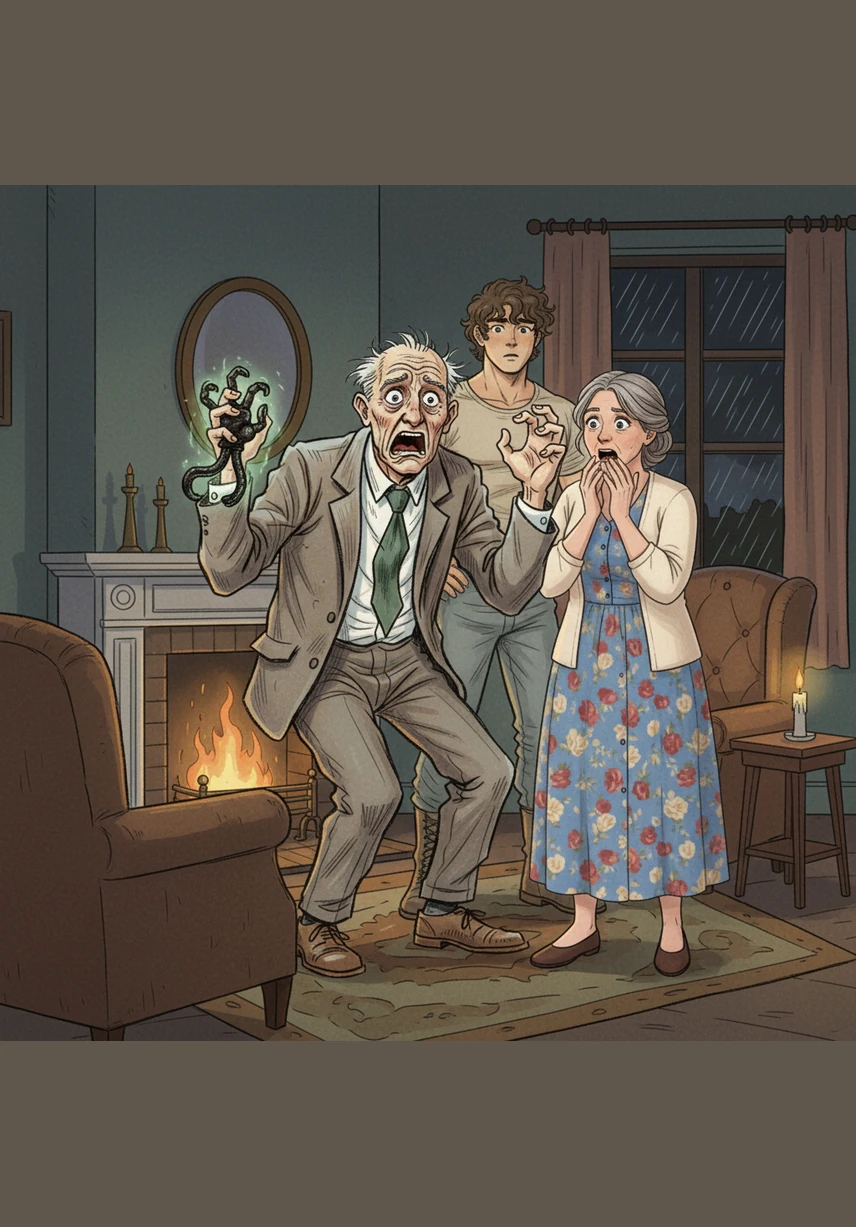 Following his son's lighthearted suggestion, Mr. White holds the paw and wishes for two hundred pounds to pay off their home. He cries out in shock as the paw twists and moves in his hand like a living snake.