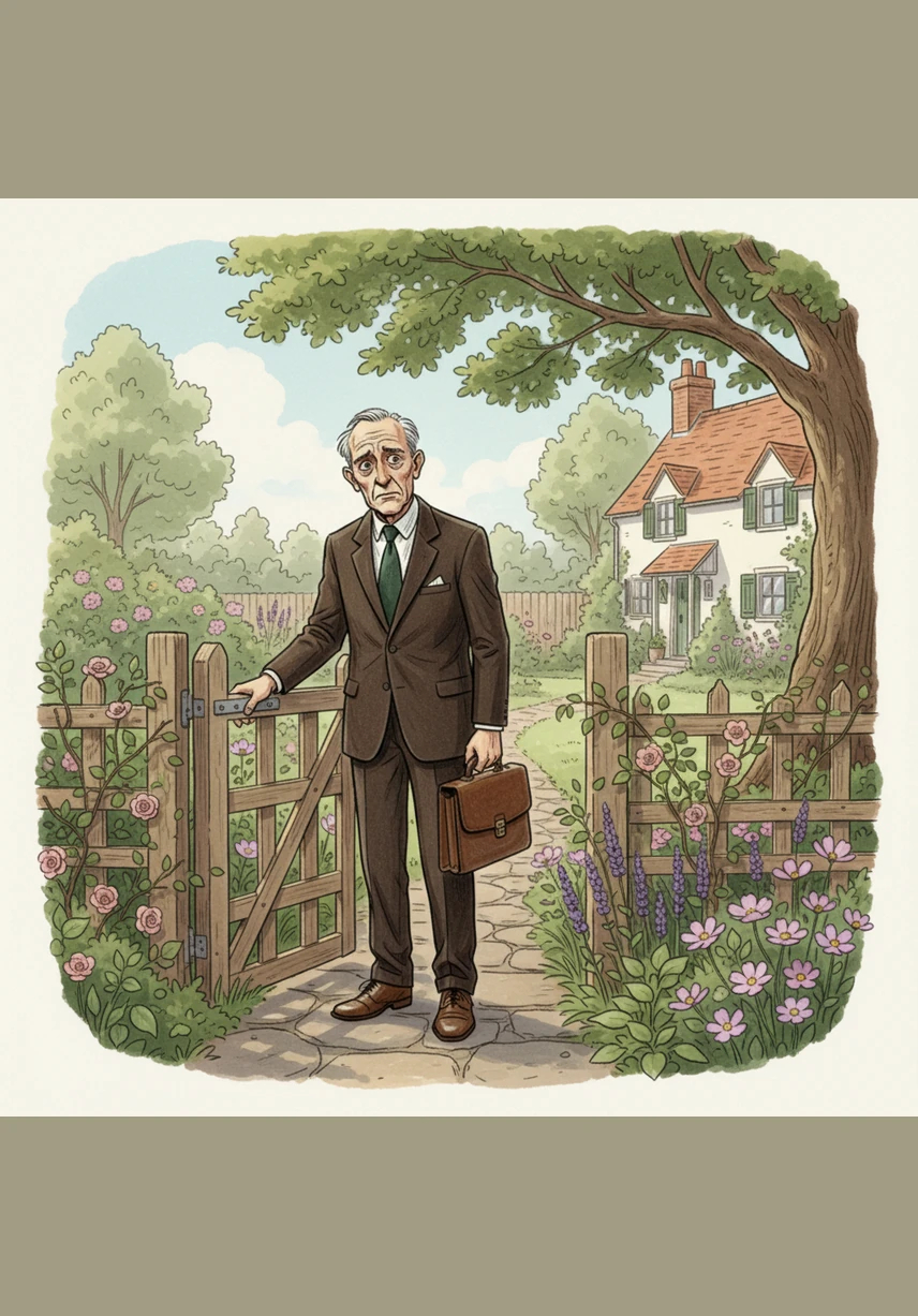 The next morning, a well-dressed stranger stands hesitantly at the garden gate. He carries a heavy silence and a look of deep regret as he prepares to deliver news from the factory where Herbert works.