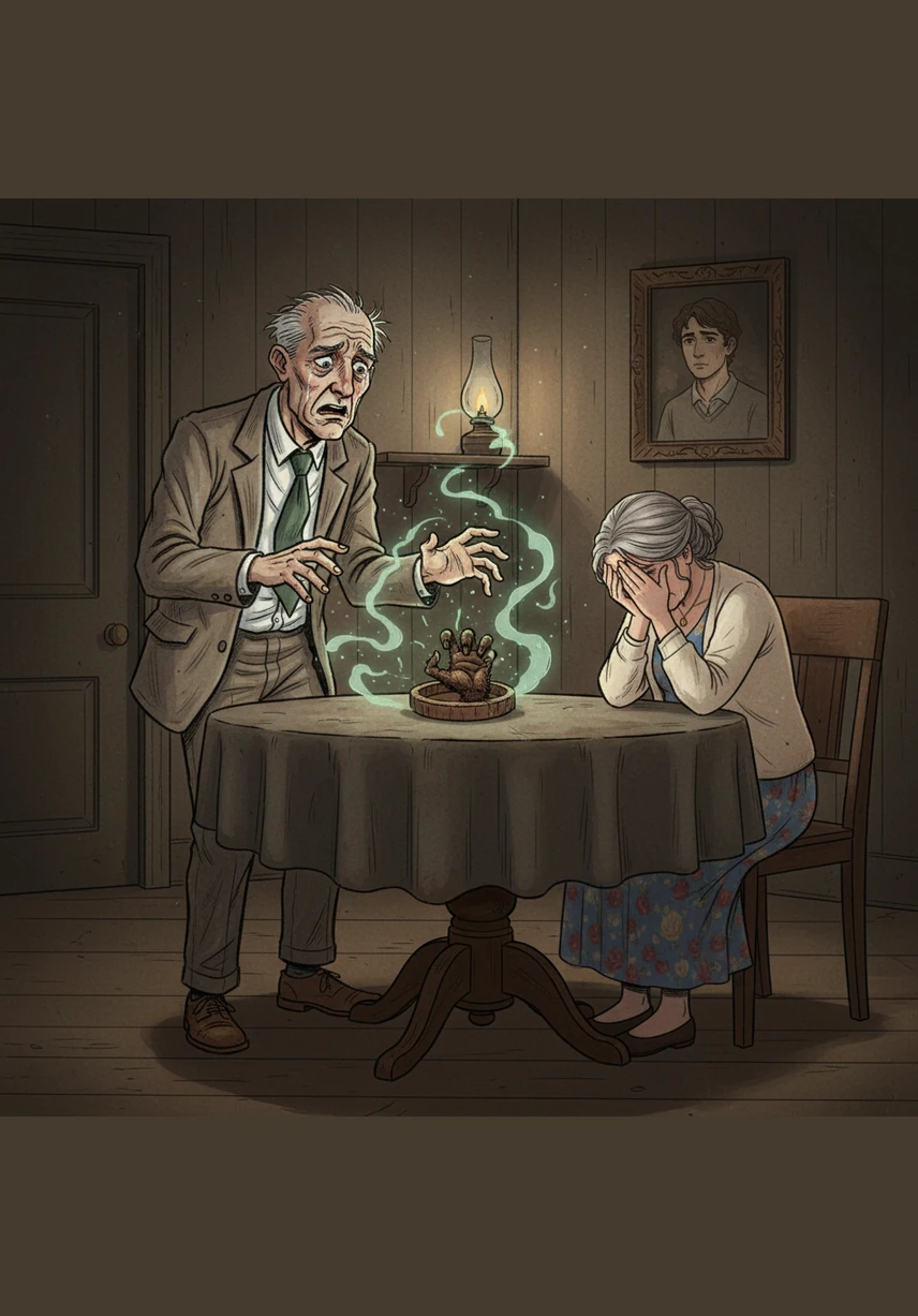 A week of mourning passes in a blur of shadows and silence until Mrs. White is struck by a desperate realization. She begs her husband to use the second wish to bring their beloved son back to them.