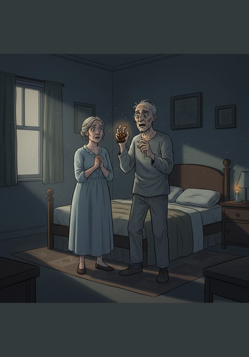 Mr. White trembles as he holds the cursed object in the darkness of their bedroom. With a voice full of dread, he whispers the second wish, and the house becomes unnaturally still as they wait for an answer.