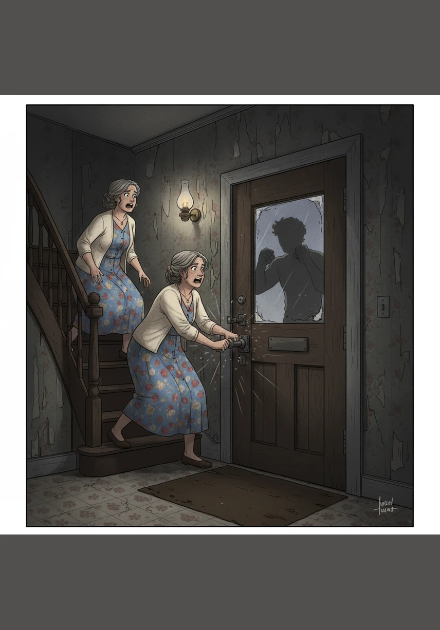A faint, rhythmic knocking begins at the front door, growing into a thunderous pounding that shakes the very walls. Mrs. White rushes down the stairs, struggling with the heavy bolt to let her son inside.
