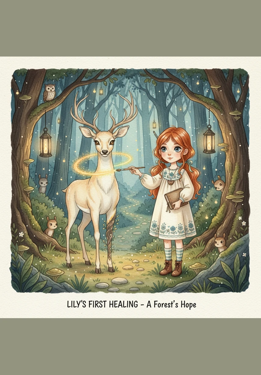 莉莉在森林深处遇到了一只散发着微光的智慧神鹿。神鹿告诉她，森林的心脏被阴影笼罩了，只有内心纯洁且勇敢的孩子才能找到传说中的“光之种”来驱散黑暗。