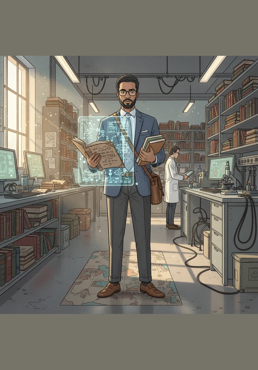 Omar, a dedicated researcher, stands in a light-filled laboratory where ancient manuscripts meet cutting-edge technology. He begins his investigation into the origins of human life, bridging the gap between centuries of wisdom and modern scientific discovery.