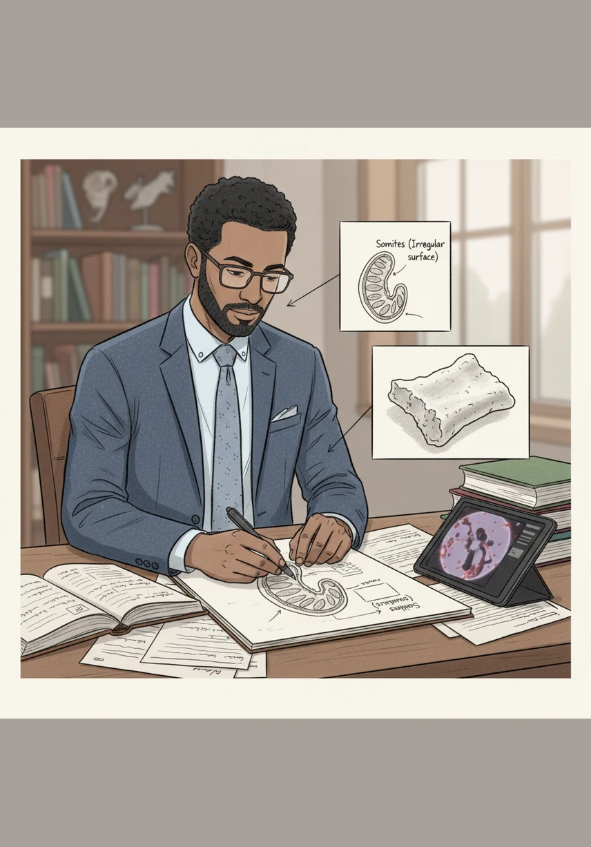 The scientific discovery of somites provides a clear explanation for the Quranic description in Surah Al-Mu'minun. Omar sketches the embryo, noting how the irregular surface resembles a piece of gum that has been bitten.